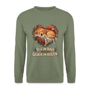 Fell im Haus. Glück im Herzen. - Unisex Pullover - Armeegrün - Vorne - Alina (178cm) & Michal (187cm)