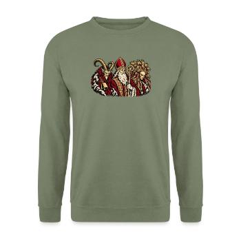 Krampus, Nikolaus und Percht - Unisex Pullover - Armeegrün - Vorne - Alina (178cm) & Michal (187cm)