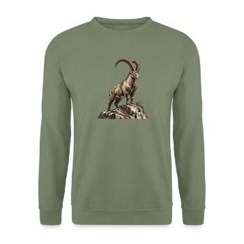 Alpensteinbock – König der Felsen - Unisex Pullover - Armeegrün - Vorne - Alina (178cm) & Michal (187cm)
