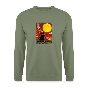 Schwarze Katze unter Vollmond - Unisex Pullover - Armeegrün - Vorne - Alina (178cm) & Michal (187cm)