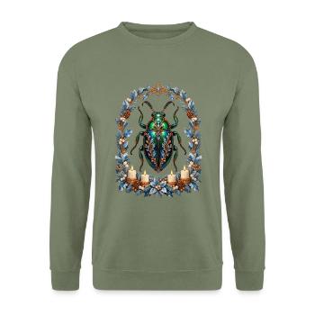 Prunkkäfer im eisblauen Adventsfenster - Unisex Pullover - Armeegrün - Vorne - Alina (178cm) & Michal (187cm)