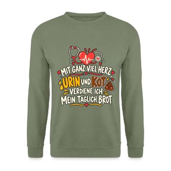 Pflegehumor – Mit Herz, Urin und Kot - Unisex Pullover - Armeegrün - Vorne - Alina (178cm) & Michal (187cm)