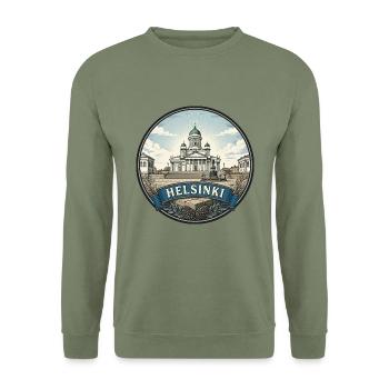 Helsinki Finnland Reiseabzeichen Kathedralen-Souvenir - Unisex Pullover - Armeegrün - Vorne - Alina (178cm) & Michal (187cm)