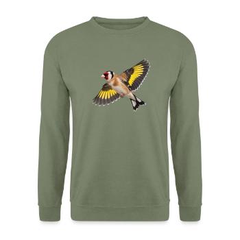 Stieglitz im Flug – Distelfink mit gelben Federn - Unisex Pullover - Armeegrün - Vorne - Alina (178cm) & Michal (187cm)