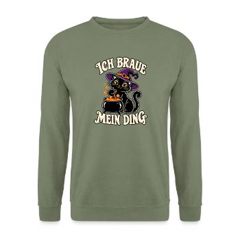Ich braue mein Ding Katze - Unisex Pullover - Armeegrün - Vorne - Alina (178cm) & Michal (187cm)