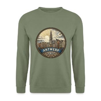 Antwerpen Belgien Reiseabzeichen Kathedralen-Souvenir - Unisex Pullover - Armeegrün - Vorne - Alina (178cm) & Michal (187cm)