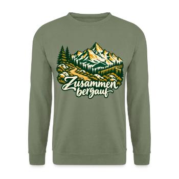 Zusammen bergauf Wanderpartner mit Bergpanorama - Unisex Pullover - Armeegrün - Vorne - Alina (178cm) & Michal (187cm)
