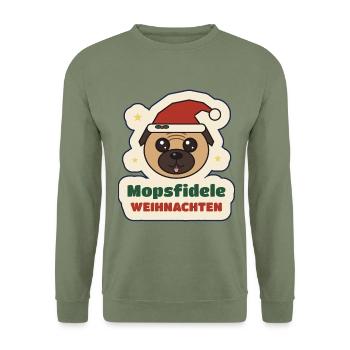 Mopsfidele Weihnachten – Mops mit Weihnachtsmütze - Unisex Pullover - Armeegrün - Vorne - Alina (178cm) & Michal (187cm)
