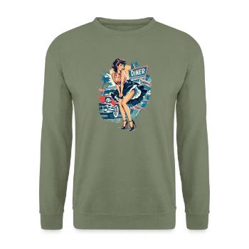 Rockabilly Pinup Girl: Vintage Kleid im Wind style - Unisex Pullover - Armeegrün - Vorne - Alina (178cm) & Michal (187cm)