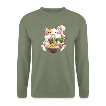 Katze Ramen - Unisex Pullover - Armeegrün - Vorne - Alina (178cm) & Michal (187cm)