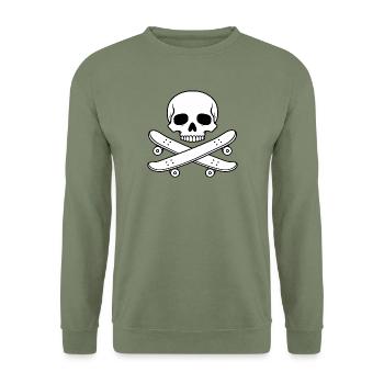 Totenkopf und gekreuzte Skateboards - Unisex Pullover - Armeegrün - Vorne - Alina (178cm) & Michal (187cm)