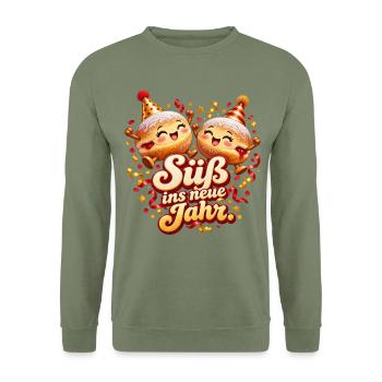 Berliner zu Silvester – Süß ins neue Jahr - Unisex Pullover - Armeegrün - Vorne - Alina (178cm) & Michal (187cm)