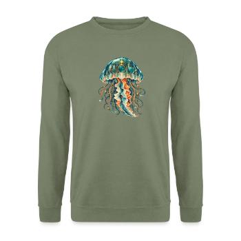 Steampunk-Qualle mit leuchtender Unterwasserstadt - Unisex Pullover - Armeegrün - Vorne - Alina (178cm) & Michal (187cm)