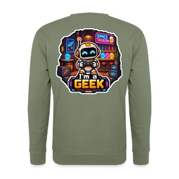 ICH BIN EIN NERD – Neon Space Robot Bar - Unisex Pullover - Armeegrün - Hinten - Michal (187cm)
