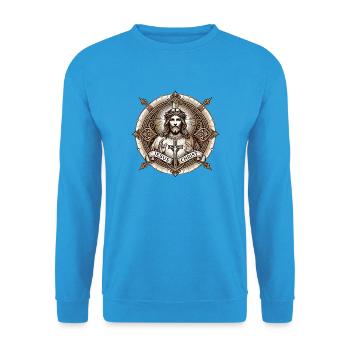 Jesus Christ Antiq Logo - Unisex Pullover - Meeresblau - Vorne - Alina (178cm) & Michal (187cm)