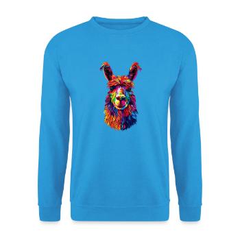 Alpaka Pop Art Bunte Farben Lama Regenbogen Alpaka - Unisex Pullover - Meeresblau - Vorne - Alina (178cm) & Michal (187cm)