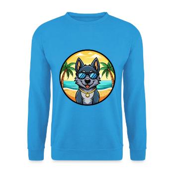 Black Norwegian Elkhound Dog Breed Cartoon Beach - Unisex Sweatshirt - sea blue - Front - Alina (178cm) & Michal (187cm)