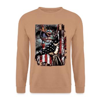 Fäuste vor Flagge: rebellischer Patriotismus - Unisex Pullover - Mocca - Vorne - Alina (178cm) & Michal (187cm)