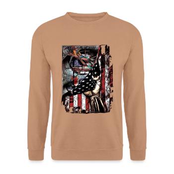 Fäuste vor Flagge: rebellischer Patriotismus - Unisex Pullover - Mocca - Vorne - Alina (178cm) & Michal (187cm)