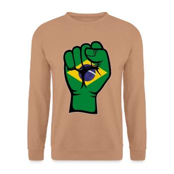 Brasilien Flagge Faust Hand Symbol - Unisex Pullover - Mocca - Vorne - Alina (178cm) & Michal (187cm)