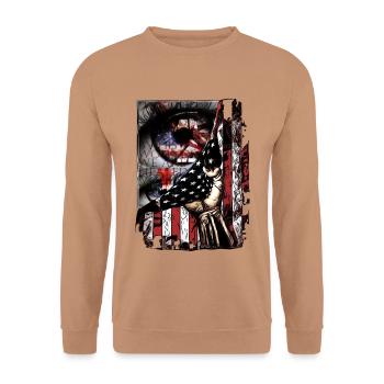Flagge im Handgriff Kunst - Unisex Pullover - Mocca - Vorne - Alina (178cm) & Michal (187cm)