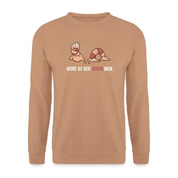 Heute ist der Wurm drin - Unisex Pullover - Mocca - Vorne - Alina (178cm) & Michal (187cm)