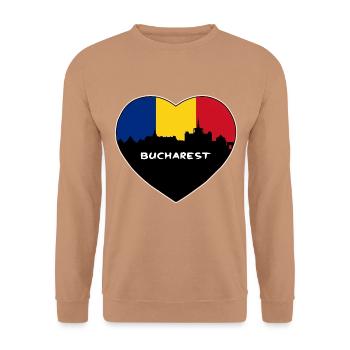 Bukarest Rumänien Flagge Skyline Reise Souvenir - Unisex Pullover - Mocca - Vorne - Alina (178cm) & Michal (187cm)
