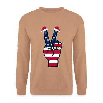 USA Flagge Weihnachten Peace Symbol - Unisex Pullover - Mocca - Vorne - Alina (178cm) & Michal (187cm)