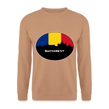 Bukarest Rumänien Flagge Skyline Silhouette Reisen - Unisex Pullover - Mocca - Vorne - Alina (178cm) & Michal (187cm)