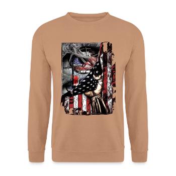 USA Flaggengriff im Grunge-Stil - Unisex Pullover - Mocca - Vorne - Alina (178cm) & Michal (187cm)