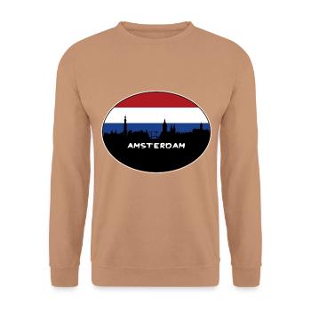 Amsterdam Niederlande Flagge Skyline Silhouette Trav - Unisex Pullover - Mocca - Vorne - Alina (178cm) & Michal (187cm)