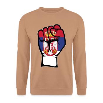 Serbien Flagge Faust - Unisex Pullover - Mocca - Vorne - Alina (178cm) & Michal (187cm)