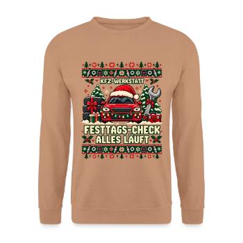 Kfz-Werkstatt - Festtags-Check, alles läuft - Unisex Pullover - Mocca - Vorne - Alina (178cm) & Michal (187cm)