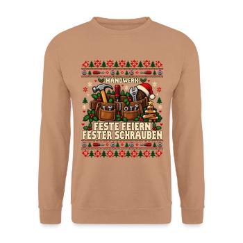 Handwerk - Feste feiern, fester schrauben - Unisex Pullover - Mocca - Vorne - Alina (178cm) & Michal (187cm)