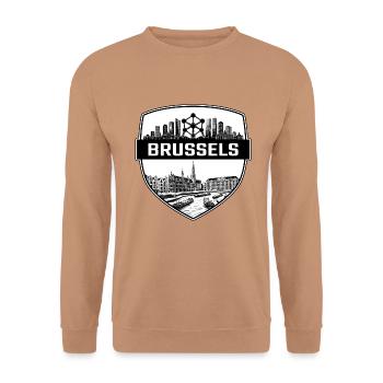Brüsseler Skyline-Abzeichen - Unisex Pullover - Mocca - Vorne - Alina (178cm) & Michal (187cm)