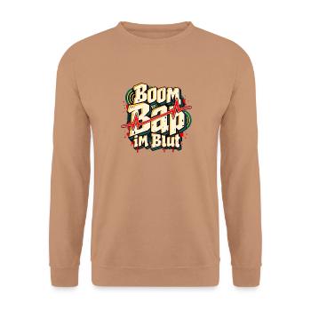 Boom Bap Oldschool Hip Hop Fan 80er 90er Rap - Unisex Pullover - Mocca - Vorne - Alina (178cm) & Michal (187cm)