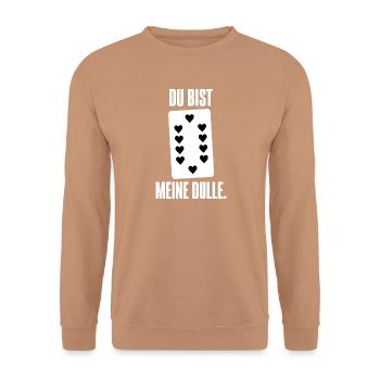 Du bist meine Dulle – Doppelkopf Liebe Partner - Unisex Pullover - Mocca - Vorne - Alina (178cm) & Michal (187cm)