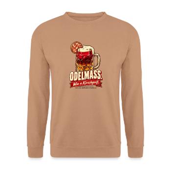 Odelmaß wie a Kirschgoiß - Unisex Pullover - Mocca - Vorne - Alina (178cm) & Michal (187cm)