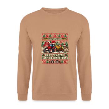 Landwirtschaft - Erst der Stall, dann Bescherung - Unisex Pullover - Mocca - Vorne - Alina (178cm) & Michal (187cm)