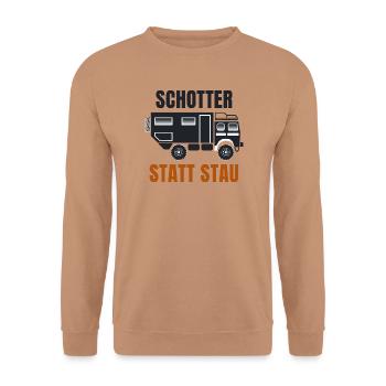 Schotter statt Stau – Offroad Spruch - Unisex Pullover - Mocca - Vorne - Alina (178cm) & Michal (187cm)