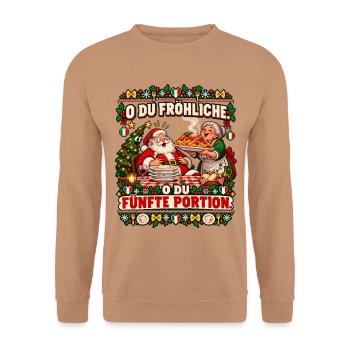 O du fröhliche. O du fünfte Portion. - Unisex Pullover - Mocca - Vorne - Alina (178cm) & Michal (187cm)