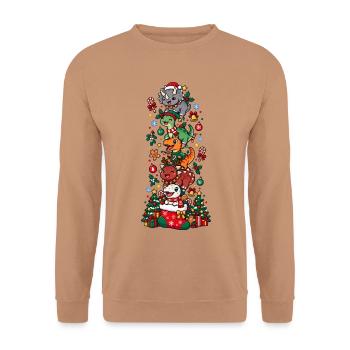 Funny Christmas T-Rex Santa Elf Snowman - Unisex Pullover - Mocca - Vorne - Alina (178cm) & Michal (187cm)