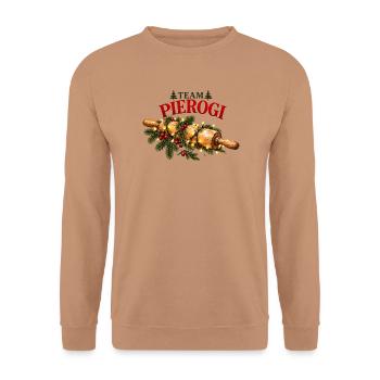 Polnisches Weihnachts-Pierogi-Nudelholzdesign - Unisex Pullover - Mocca - Vorne - Alina (178cm) & Michal (187cm)