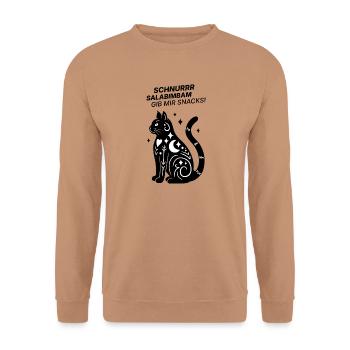 Schnurrsalabimbam Gib mir Snacks! – Schwarze Katze - Unisex Pullover - Mocca - Vorne - Alina (178cm) & Michal (187cm)