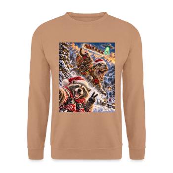 Christmas Raccoon Selfie Bigfoot T Rex Santa UFO - Unisex Pullover - Mocca - Vorne - Alina (178cm) & Michal (187cm)