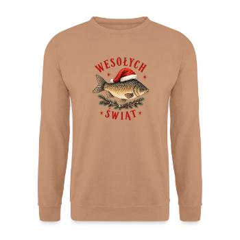 Wesołych Świąt polnisches Weihnachtskarpfendesign - Unisex Pullover - Mocca - Vorne - Alina (178cm) & Michal (187cm)