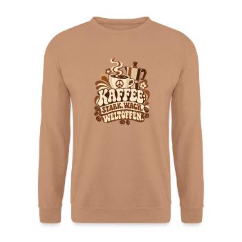 KAFFEE: STARK, WACH, WELTOFFEN. – Statement - Unisex Pullover - Mocca - Vorne - Alina (178cm) & Michal (187cm)