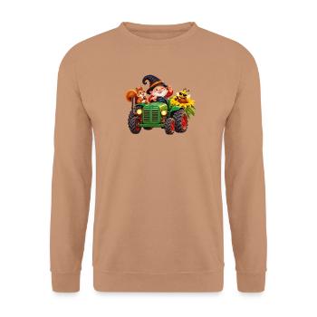 Fröhlicher Wichtel -Traktor im Gartenzauber - Unisex Pullover - Mocca - Vorne - Alina (178cm) & Michal (187cm)