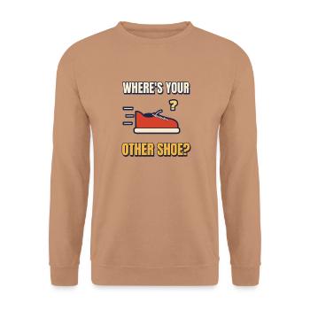 Wo ist dein anderes Schuh-Komisches Schullauf-Shirt - Unisex Pullover - Mocca - Vorne - Alina (178cm) & Michal (187cm)