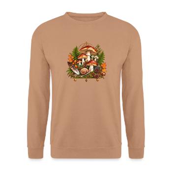 Herbstpilz-Szene mit Farnen und Zapfen - Unisex Pullover - Mocca - Vorne - Alina (178cm) & Michal (187cm)
